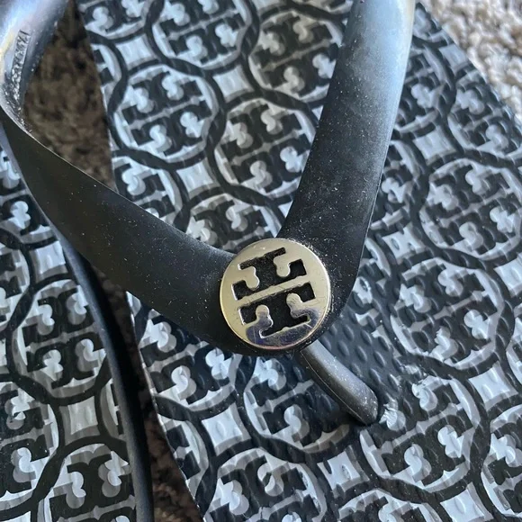 Tory Burch Black and Gray Patterned Flip Flops - Picture 3 of 4